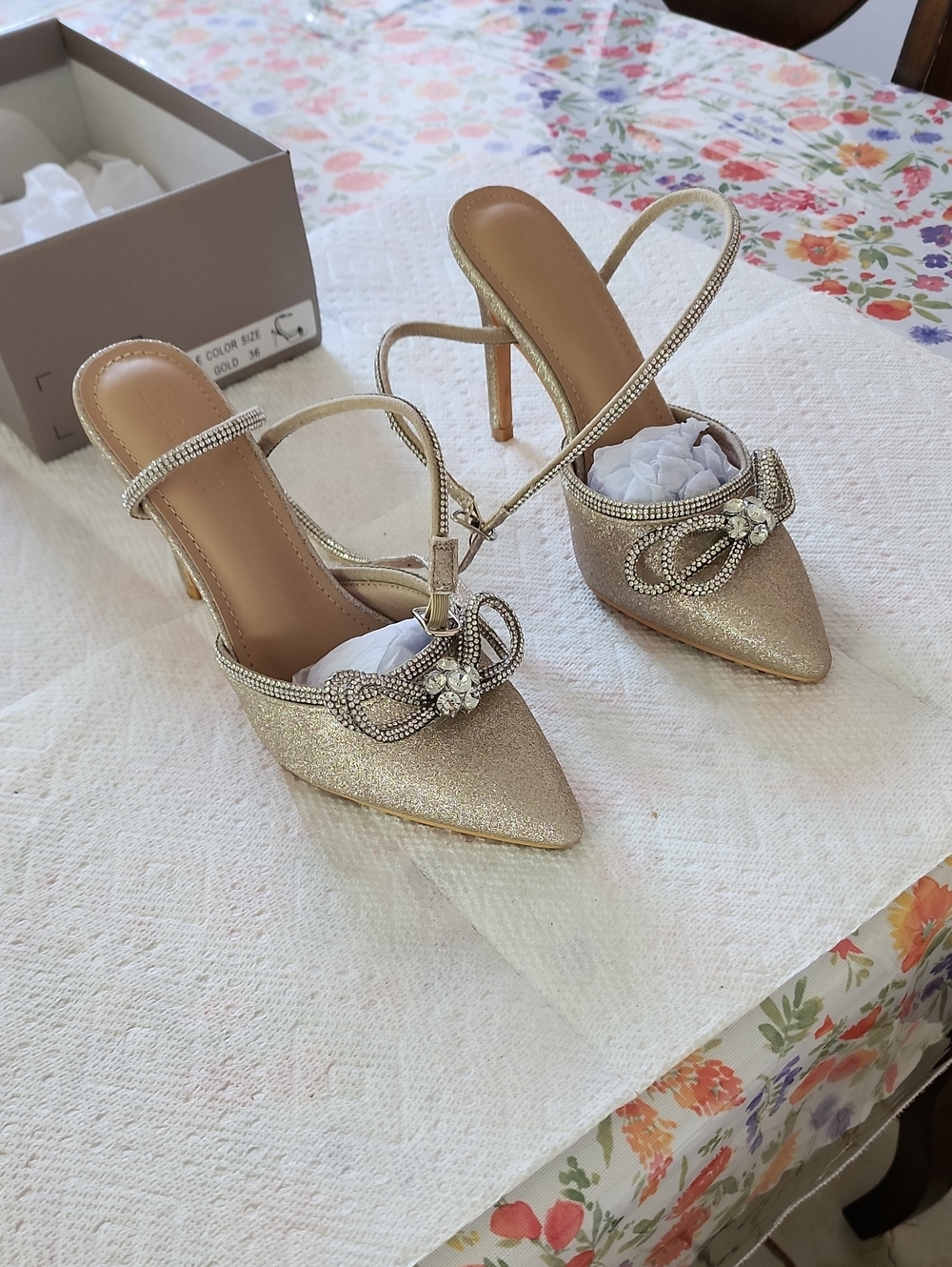 Gold Rhinestone Bow Pointed Slingback Heels